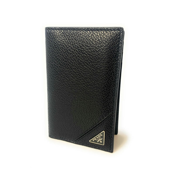 Prada Vitello Grain Black Leather Triangle Logo Vertical Bifold Wallet in Nero / Black, authentic new wallet, image 1
