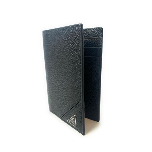 Prada Vitello Grain Black Leather Triangle Logo Vertical Bifold Wallet in Nero / Black, authentic new wallet, image 3