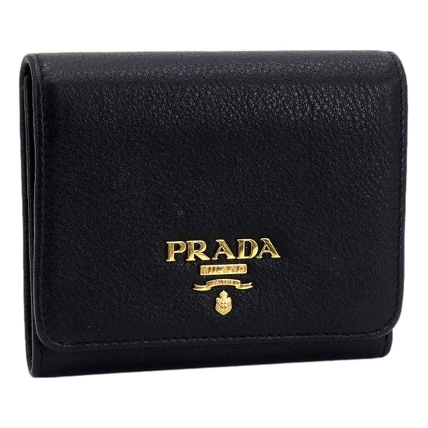 Prada Vitello Grain Black Trifold Compact Wallet Leather Logo Plaque in Black, authentic new wallet, image 1