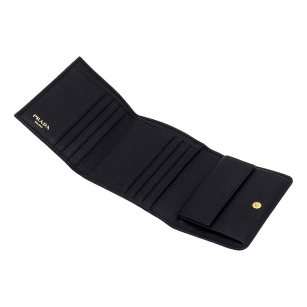 Prada Vitello Grain Black Trifold Compact Wallet Leather Logo Plaque in Black, authentic new wallet, image 2