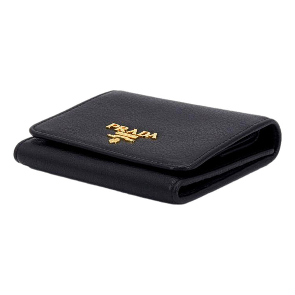Prada Vitello Grain Black Trifold Compact Wallet Leather Logo Plaque in Black, authentic new wallet, image 3