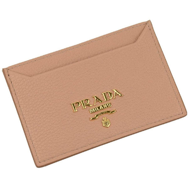 Prada Vitello Grain Leather Card Holder Cipria Beige Gold Logo in Beige, authentic new wallet, image 1