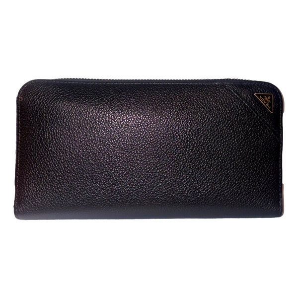 Prada Vitello Micro Grain Long Black Zip Around Continental Wallet Triangle Logo – hardware detail