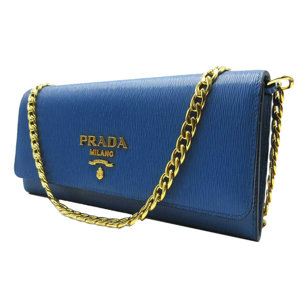 Prada Vitello Move Cobalto Blue Leather Chain Crossbody Wallet Clutch in Cobalto Blue, authentic new handbag, image 2