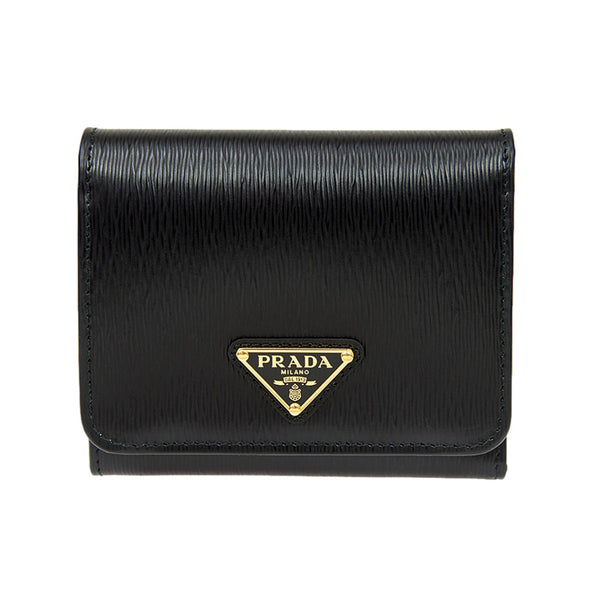 Prada Vitello Move Trifold Compact Wallet Black Leather Triangle Plaque – front view