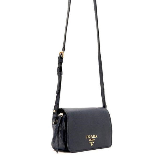 Prada Vitello Phenix Baltico Blue Leather Flap Medium Crossbody Bag in Black, authentic new handbag, image 3