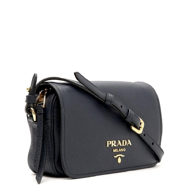 Prada Vitello Phenix Baltico Blue Leather Flap Medium Crossbody Bag in Black, authentic new handbag, image 2