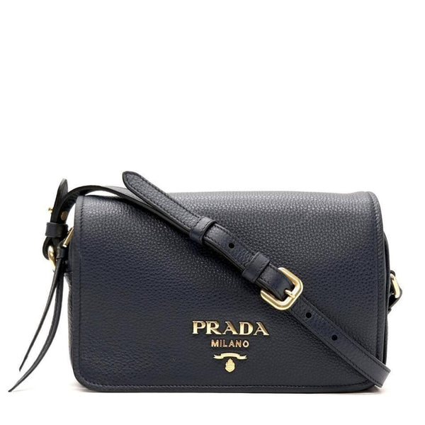 Prada Vitello Phenix Baltico Blue Leather Flap Medium Crossbody Bag in Black, authentic new handbag, image 1