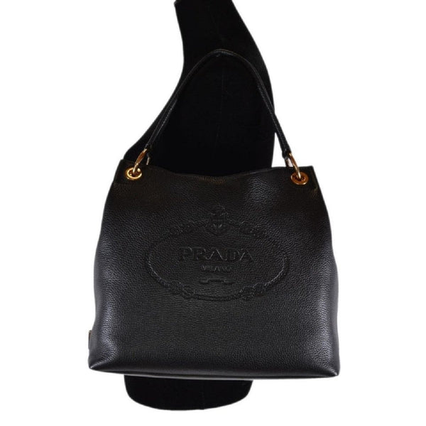 Prada Vitello Phenix Black Leather Embossed Logo Hobo Tote Bag in Black, authentic new handbag, image 4