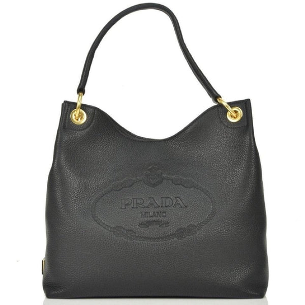 Prada Vitello Phenix Black Leather Embossed Logo Hobo Tote Bag in Black, authentic new handbag, image 2