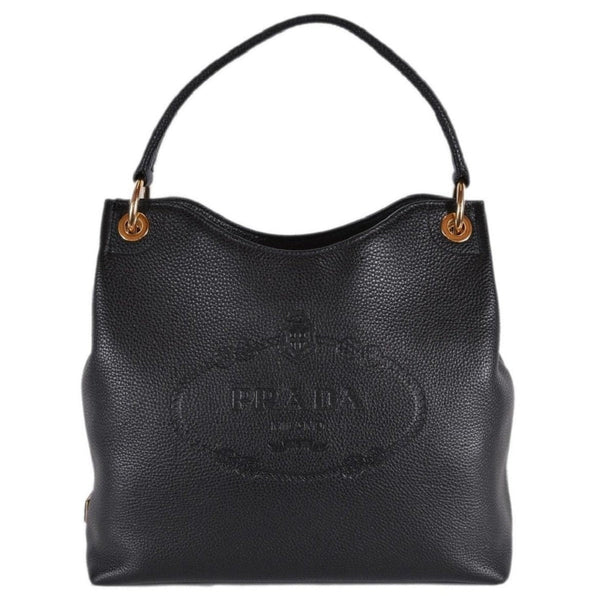 Prada Vitello Phenix Black Leather Embossed Logo Hobo Tote Bag in Black, authentic new handbag, image 1