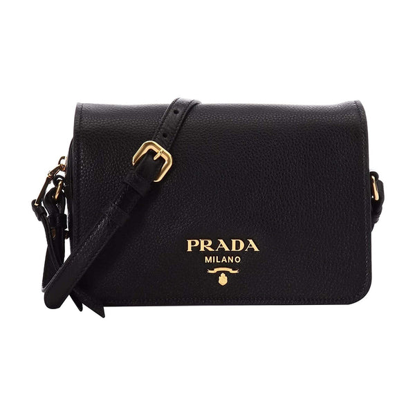 Prada Vitello Phenix Black Leather Flap Crossbody Bag in Black, authentic new handbag, image 1
