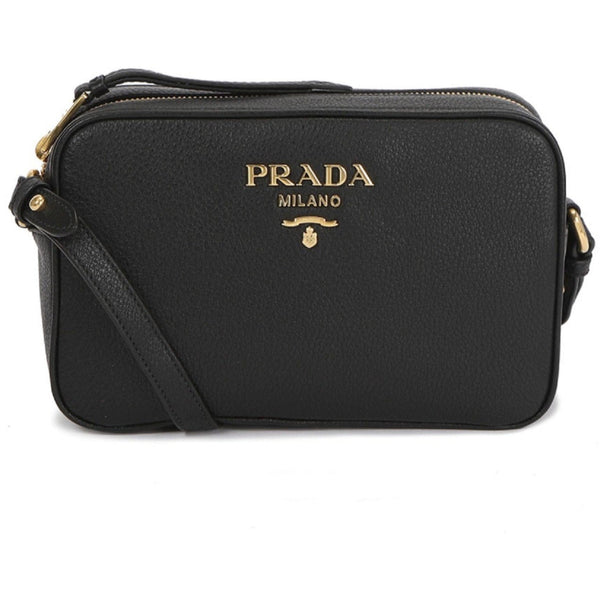 Prada Vitello Phenix Black Leather Gold Logo Camera Crossbody Bag in Black, authentic new handbag, image 4