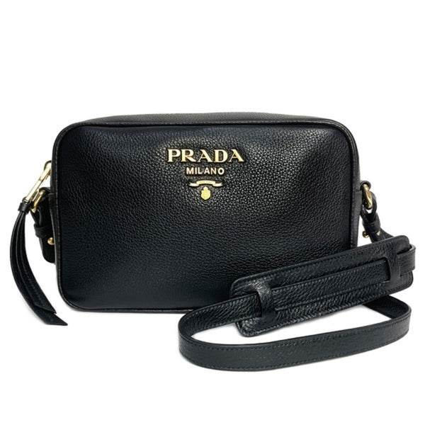 Prada Vitello Phenix Black Leather Gold Logo Camera Crossbody Bag in Black, authentic new handbag, image 2