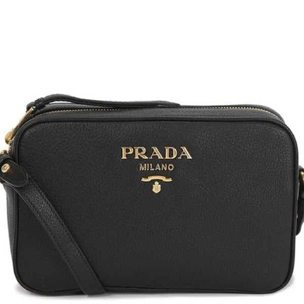 Prada Vitello Phenix Black Leather Gold Logo Camera Crossbody Bag in Black, authentic new handbag, image 1