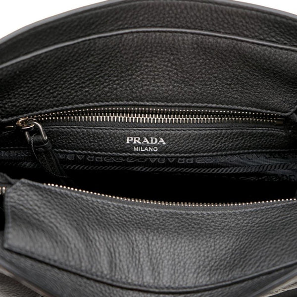 Prada Vitello Phenix Black Leather Web Strap Crossbody Bucket Bag in Beige, authentic new handbag, image 3
