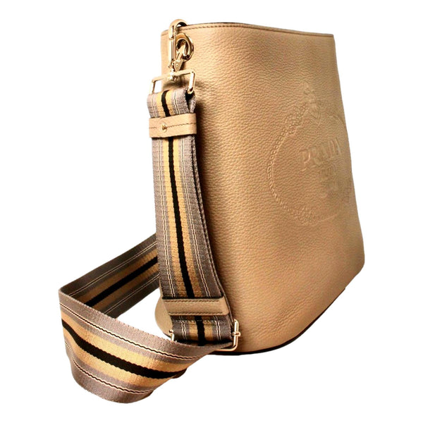 Prada Vitello Phenix Cammeo Leather Stripe Strap Bucket Bag in Cammeo Beige, authentic new handbag, image 3