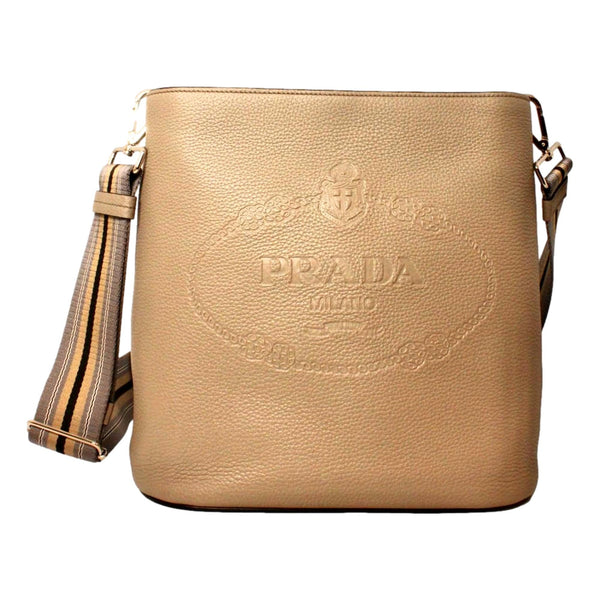 Prada Vitello Phenix Cammeo Leather Stripe Strap Bucket Bag in Cammeo Beige, authentic new handbag, image 1
