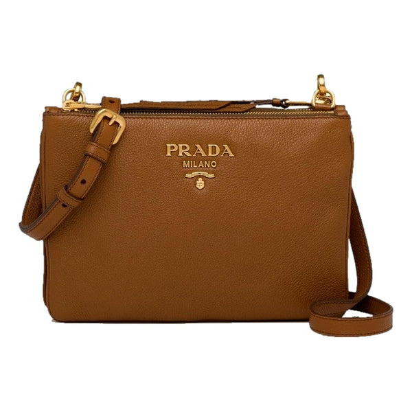 Prada Vitello Phenix Leather Crossbody Bag in Caramel Brown with Gold Hardware in Brown, authentic new handbag, image 1