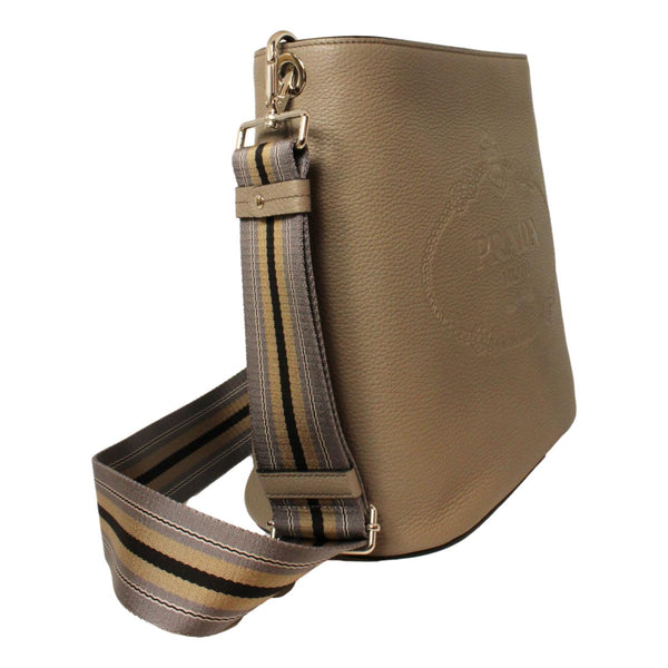Prada Vitello Phenix Grey Leather Stripe Strap Bucket Bag Crossbody in Argilla Grey, authentic new handbag, image 3
