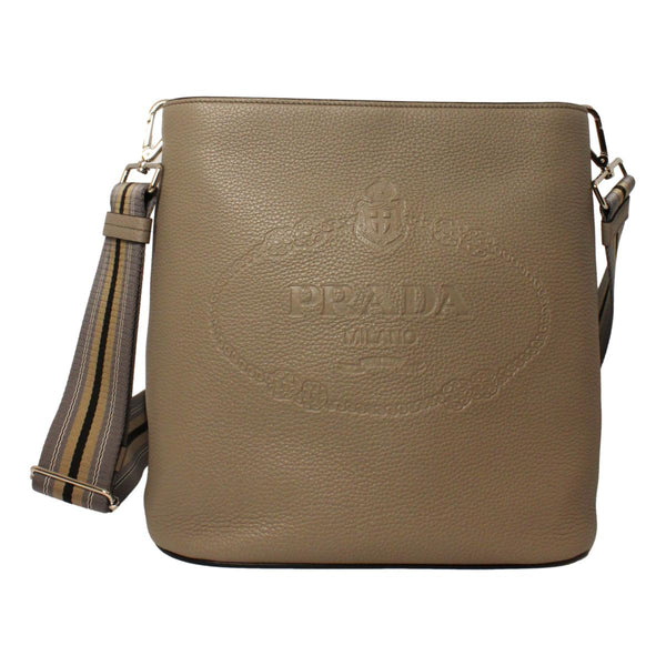 Prada Vitello Phenix Grey Leather Stripe Strap Bucket Bag Crossbody in Argilla Grey, authentic new handbag, image 1