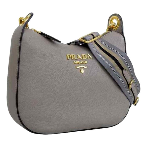 Prada Vitello Phenix Zippered Messenger Hobo Grey Leather Shoulder Bag in Grey, authentic new handbag, image 1