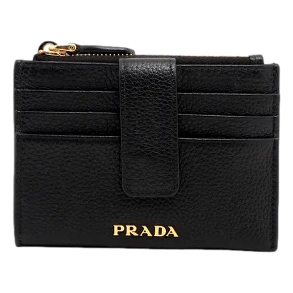 Prada Vitello Grain Leather Zip Top Card Wallet Black in Nero Black, authentic new wallet, image 1