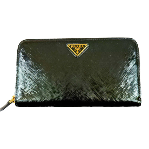 Prada Nero Black Saffiano Vernice Leather Zip Around Wallet – front view