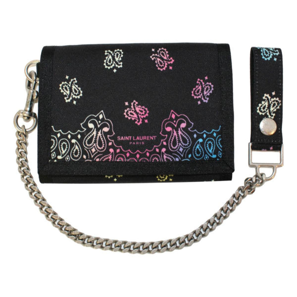 Saint Laurent Black Nylon Chain Trifold Wallet in Black with Multicolor Print, authentic new wallet, image 1