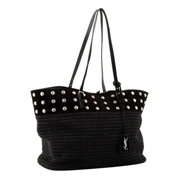 Saint Laurent Boucle Studded Raffia & Suede Shopping Tote Black in Black, authentic new handbag, image 3