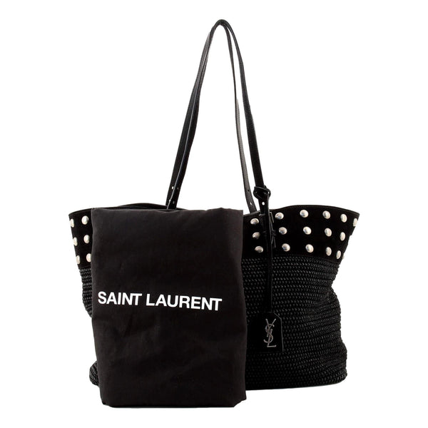 Saint Laurent Boucle Studded Raffia & Suede Shopping Tote Black in Black, authentic new handbag, image 6