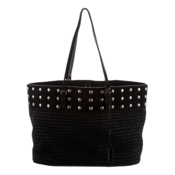 Saint Laurent Boucle Studded Raffia & Suede Shopping Tote Black in Black, authentic new handbag, image 1