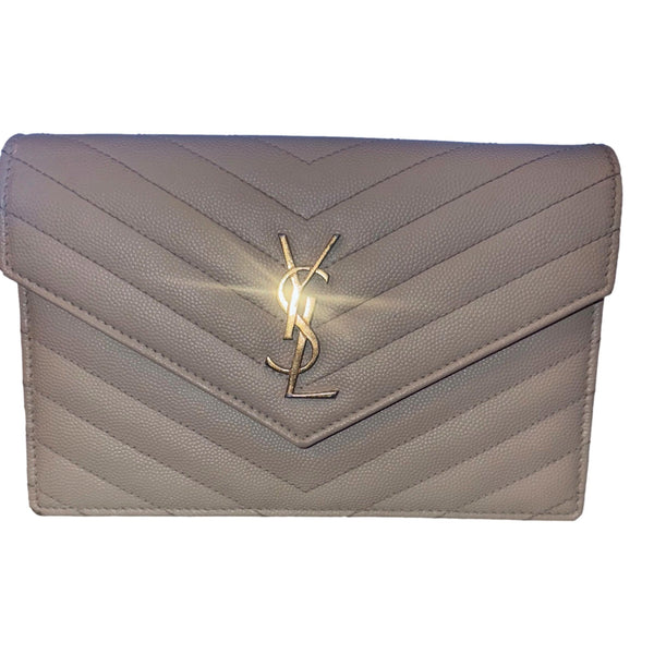 Saint Laurent Cassandre Envelope Chain Wallet Crossbody Bag in Crema White in Black, authentic pre-loved handbag, image 4