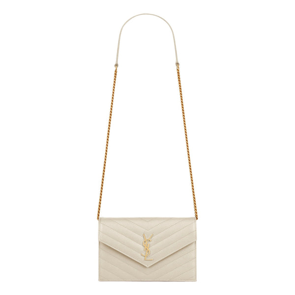Saint Laurent Cassandre Envelope Chain Wallet Crossbody Bag in Crema White in Black, authentic pre-loved handbag, image 1