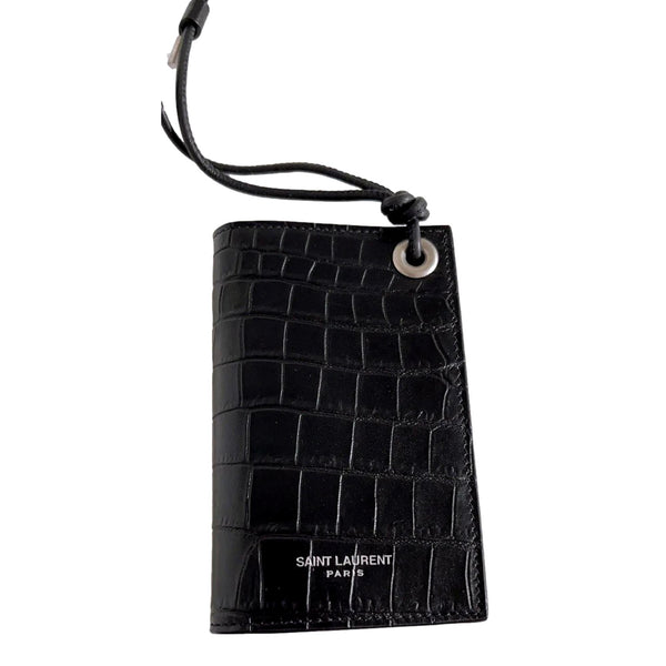 Saint Laurent Croc Embossed Black Lanyard Card Case Wallet in Black, authentic new wallet, image 4