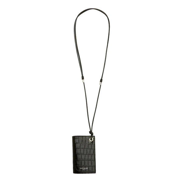 Saint Laurent Croc Embossed Black Lanyard Card Case Wallet in Black, authentic new wallet, image 1