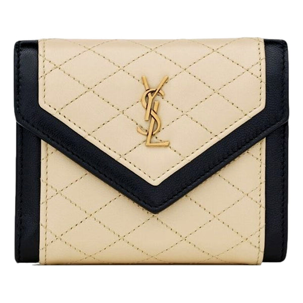 Saint Laurent Gaby Small Envelope Wallet Cream Black Quilted Lambskin YSL Gold Logo – front view