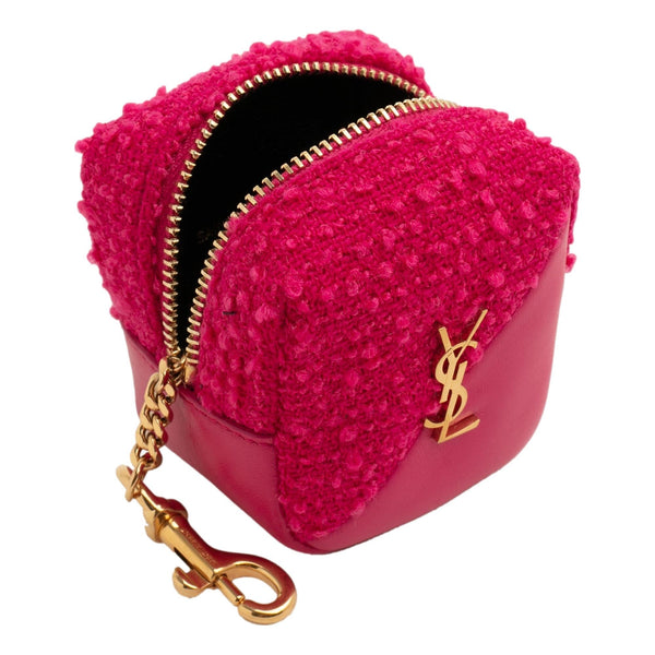 Saint Laurent Jamie YSL Keyring Cube Magenta Tweed Leather in Red, authentic new keychain, image 4