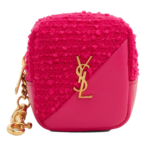 Saint Laurent Jamie YSL Keyring Cube Magenta Tweed Leather in Red, authentic new keychain, image 1