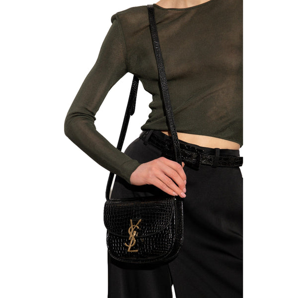 Saint Laurent Small Kaia Croc Embossed Leather Crossbody Bag Black in Black, authentic new handbag, image 5