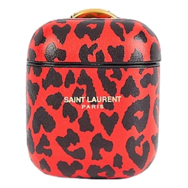 Saint Laurent Leopard Print Black and Red Leather Airpods Case – front view
