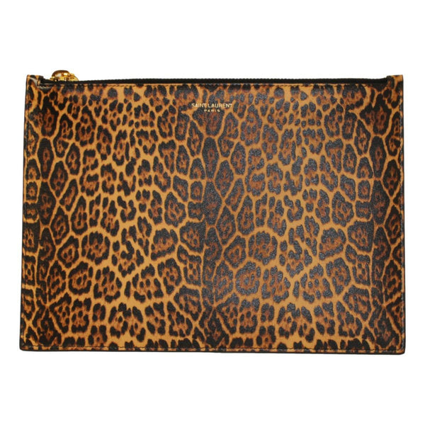Saint Laurent Leopard Printed Calfskin Leather Medium Pouch in Black, authentic new handbag, image 1