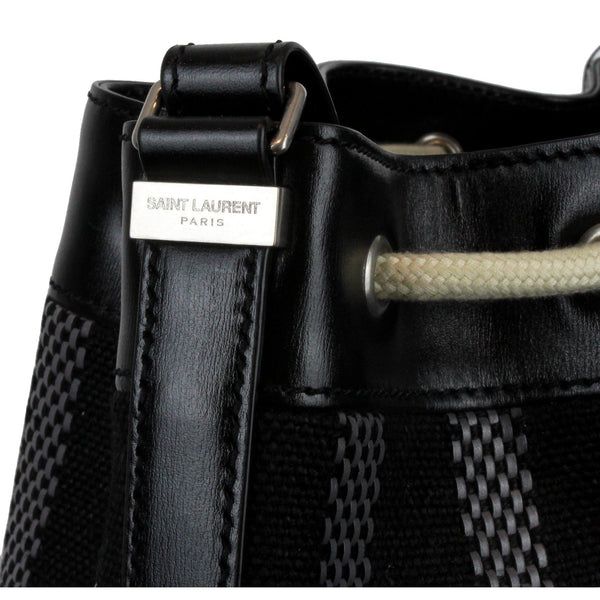 Saint Laurent Canvas Leather Trim Oversized Drawstring Bucket Bag Black in Black, authentic new handbag, image 6