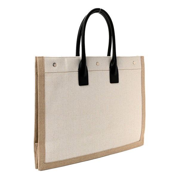 Saint Laurent Rive Gauche Large Tote in Natural Beige Canvas with Black Top Handles – back view