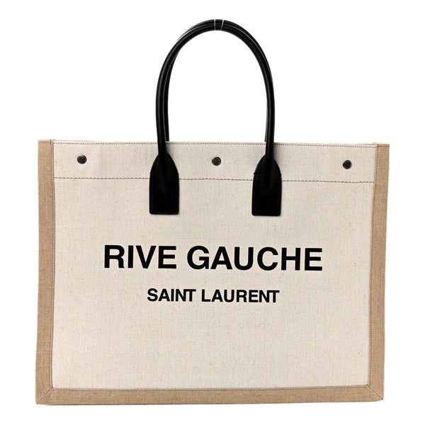 Saint Laurent Rive Gauche Large Tote in Natural Beige Canvas with Black Top Handles – front view