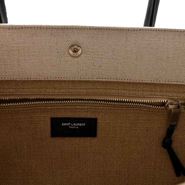 Saint Laurent Rive Gauche Large Tote in Natural Beige Canvas with Black Top Handles – interior view