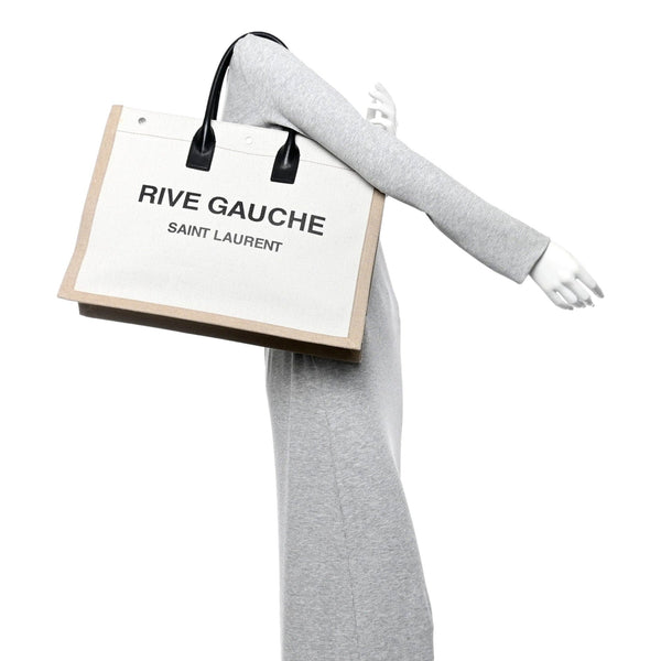 Saint Laurent Rive Gauche Large Tote in Natural Beige Canvas with Black Top Handles – detail view 5