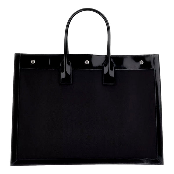 Saint Laurent Rive Gauche Large Tote Bag Black Nylon Leather Trim Silver Hardware in Black, authentic new handbag, image 2