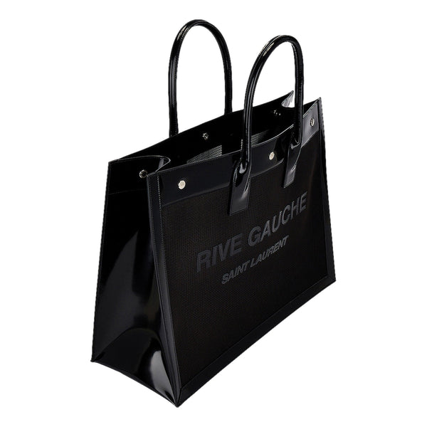 Saint Laurent Rive Gauche Large Tote Bag Black Nylon Leather Trim Silver Hardware in Black, authentic new handbag, image 3