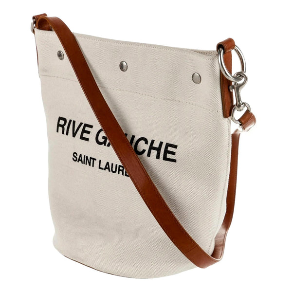 Saint Laurent Rive Gauche Brown Leather Trim Linen Bucket Bag in Brown and Natural, authentic new handbag, image 3